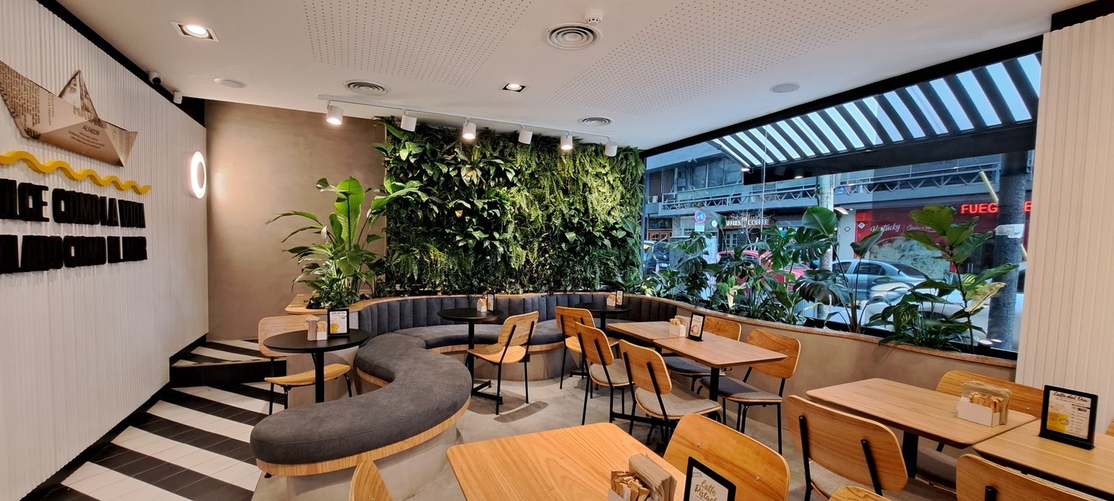 Sala principal con banqueta curva y muro verde